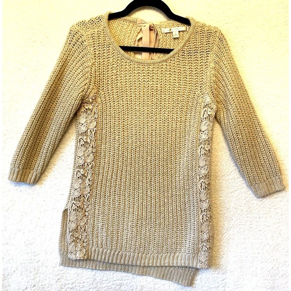 Lauren Conrad Woman Beige Lace High Low Round Neck Bow Gold Weave Sweater Size L - Picture 1 of 11